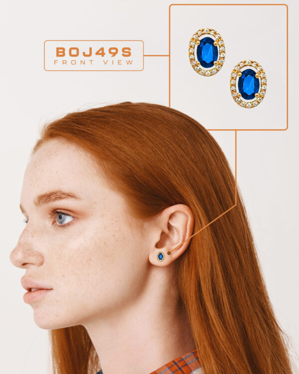 18K Gold Sapphire Head Diamond Halo Earrings - Image 2