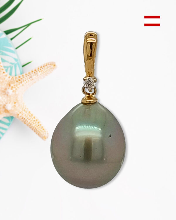 18K Gold Bail with 9mm Tahitian Black Pearl Diamond Pendant - Image 2