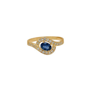 Sapphire 4 Head with Halo and Side Diamonds 18K Gold Ring