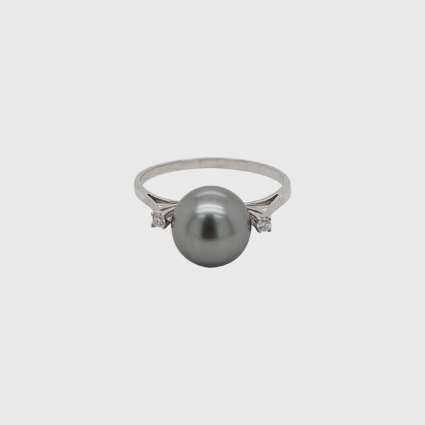 18K Gold Tahitian Black Pearl Dual Diamond Ring - Image 4