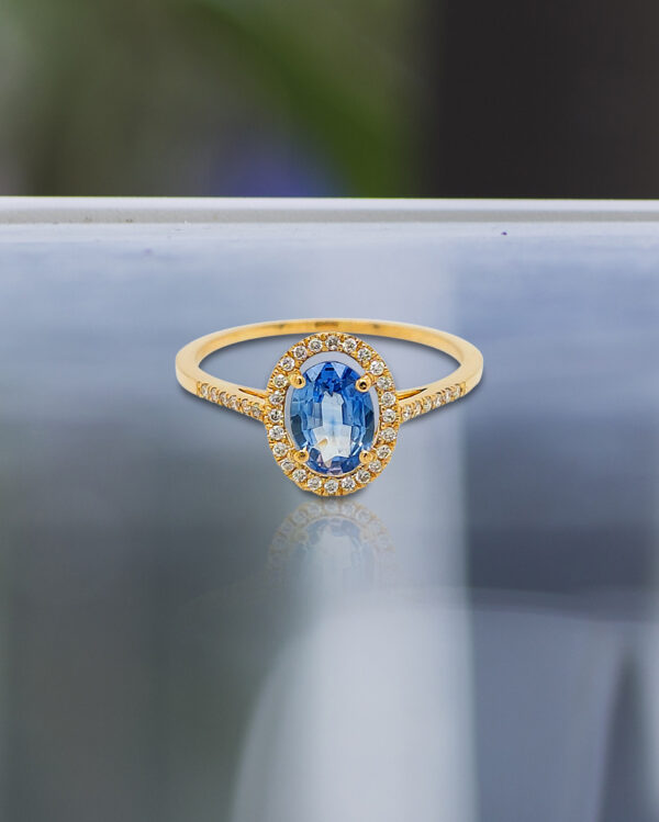 Sapphire 49 Head with Halo and Side Diamonds 18K Gold Ring - Image 2