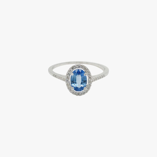 Sapphire 49 Head with Halo and Side Diamonds 18K Gold Ring