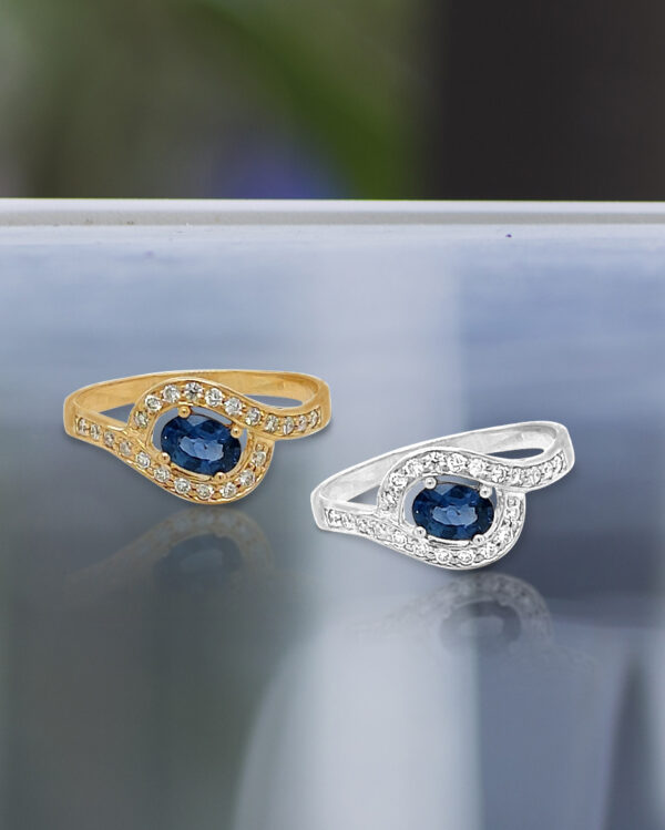 Sapphire 4 Head with Halo and Side Diamonds 18K Gold Ring - Image 2