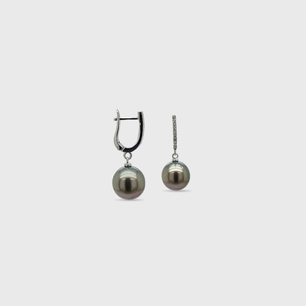 18K Gold Tahitian Black Pearl Diamond English Lock Earrings - Image 3