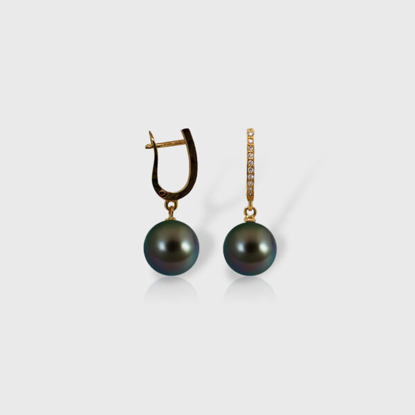 18K Gold Tahitian Black Pearl Diamond English Lock Earrings