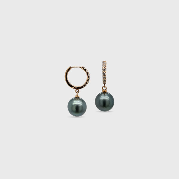 18K Gold Tahitian Black Pearl Diamond Huggies Earrings