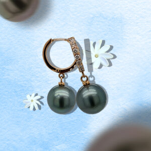 18K Gold Tahitian Black Pearl Diamond Huggies Earrings