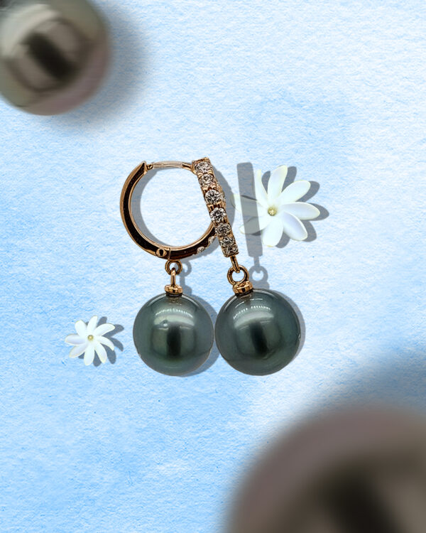 18K Gold Tahitian Black Pearl Diamond Huggies Earrings - Image 2