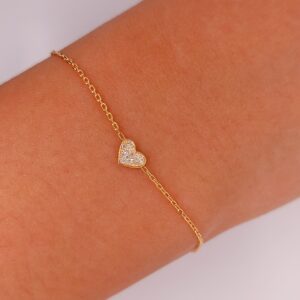 18K Gold Chain Heart Diamond Pendant Bracelet