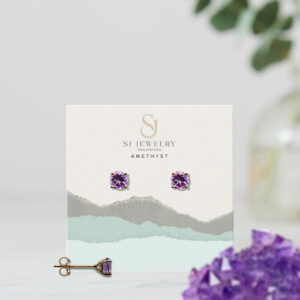 18K Gold Amethyst Head Stud Earrings | Semi Precious Stone