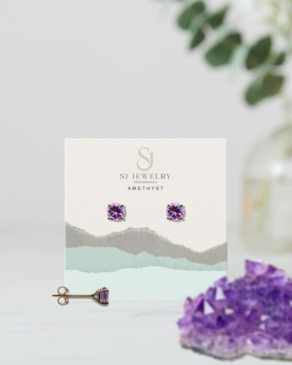 18K Gold Amethyst Head Stud Earrings | Semi Precious Stone - Image 2