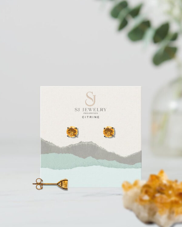 18K Gold Citrine Head Stud Earrings | Semi Precious Stone - Image 2