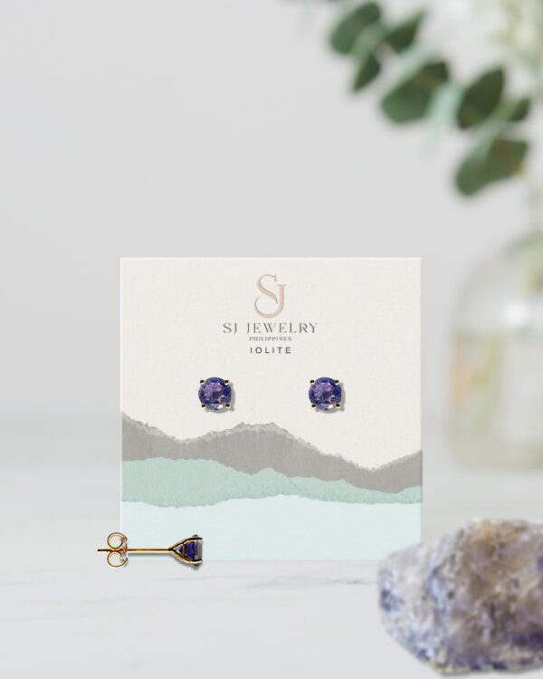 18K Gold Iolite Head Stud Earrings | Semi Precious Stone - Image 2