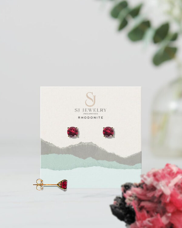 18K Gold Rhodonite Head Stud Earrings | Semi Precious Stone - Image 2