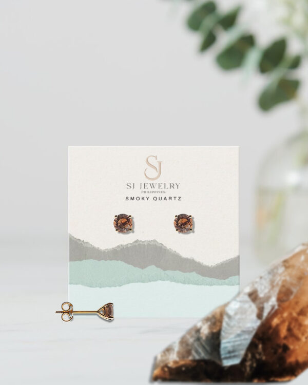 18K Gold Smoky Quartz Head Stud Earrings | Semi Precious Stone - Image 2