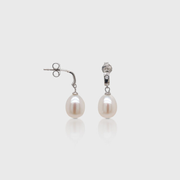 Sterling Silver Freshwater Pearl Single Diamond Drop Dangle Earrings