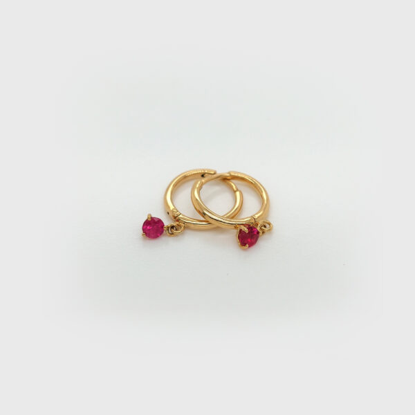 18K Gold Ruby Dangle Huggies Earrings - Image 2