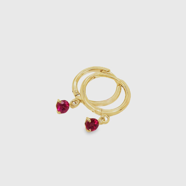 18K Gold Ruby Dangle Huggies Earrings - Image 3