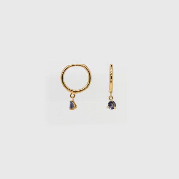 18K Gold Iolite Dangle Huggies Earrings