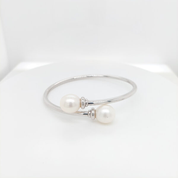 Sterling Silver Open Bangle with Double-Ring Accent & Two Freshwater Pearl Ends