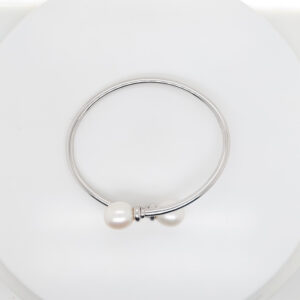 Sterling Silver Open Bangle with Double-Ring Accent & Two Freshwater Pearl Ends