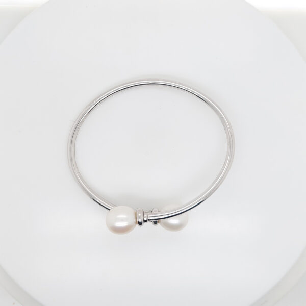 Sterling Silver Open Bangle with Double-Ring Accent & Two Freshwater Pearl Ends - Image 2