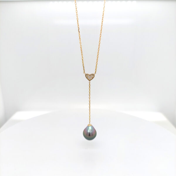 18K Gold Diamond Heart Tahitian Black Pearl Lariat Necklace