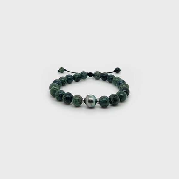 Kambaba Jasper Tahitian Black Pearl Beads Nylon Bracelet