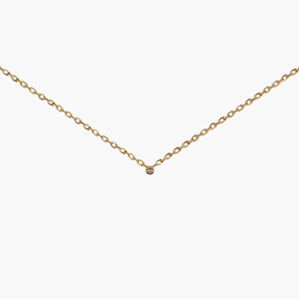 18K Gold Round Pendant Single Diamond Chain Necklace